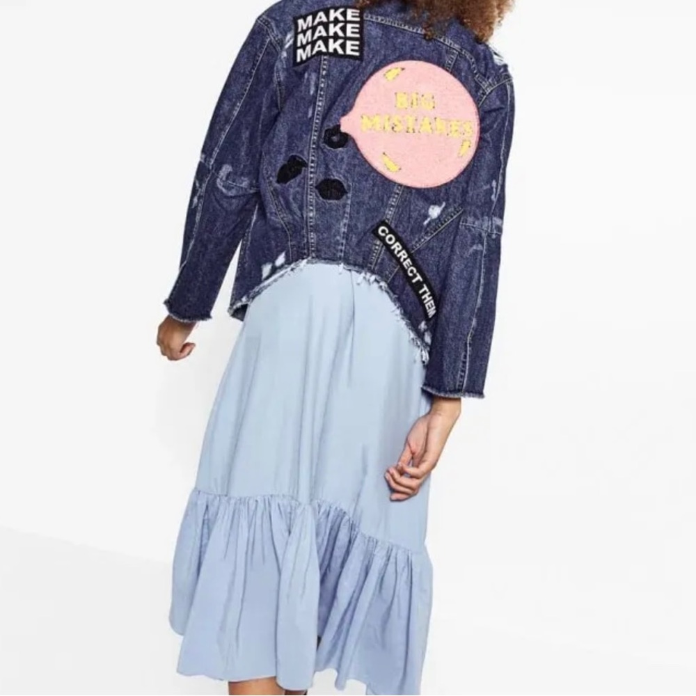 Zara frayed collarless pink make big mistake patch embroidery denim jacket - M